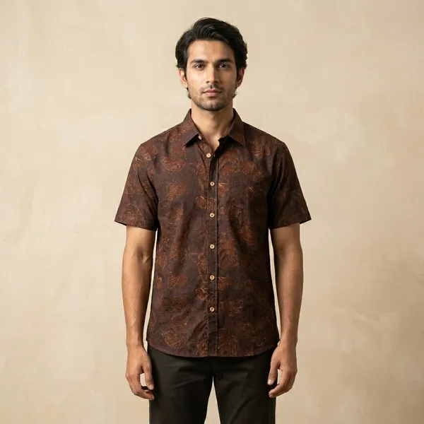 Brown_Cotton_Embroidered_Half_Sleeve_Shirt_For_Men