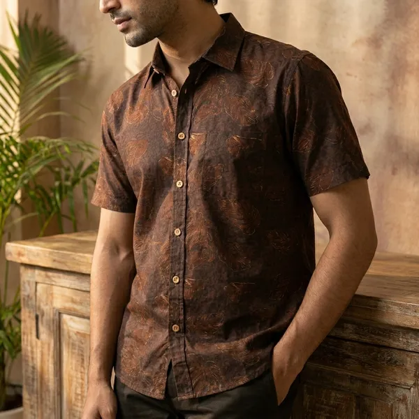 Brown_Cotton_Embroidered_Half_Sleeve_Shirt_For_Men