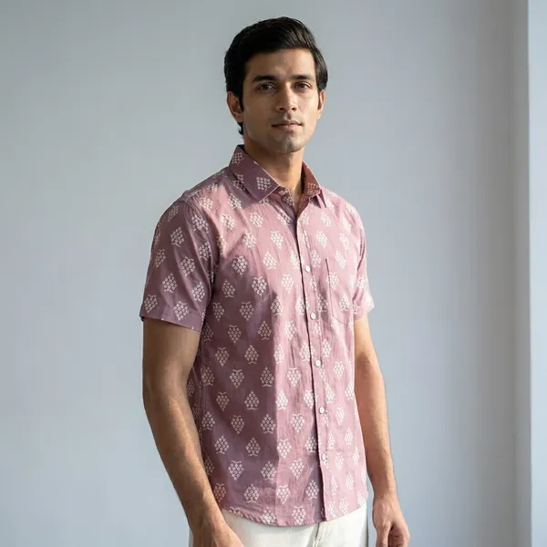 Pink_Cotton_Diamond_Print_Half_Sleeve_Shirt_For_Men
