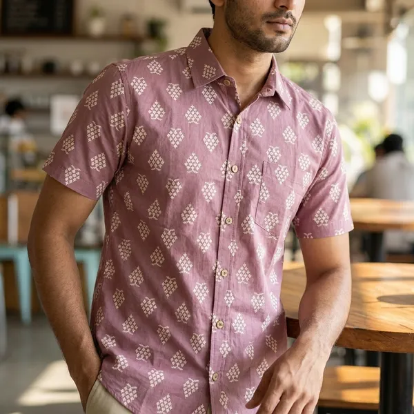 Pink_Cotton_Diamond_Print_Half_Sleeve_Shirt_For_Men