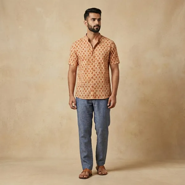 Orange_Cotton_Geometric_Print_Regular_Fit_Shirt_For_Men