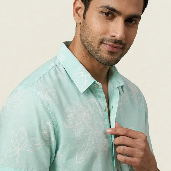 Mint_Green_Cotton_Floral_Print_Half_Sleeve_Shirt_For_Men