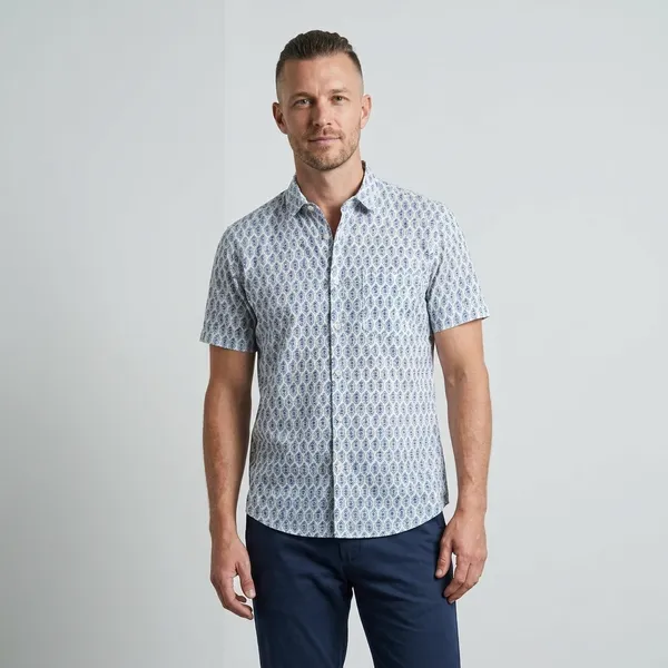 White_Blue_Cotton_Block_Print_Half_Sleeve_Shirt_For_Men