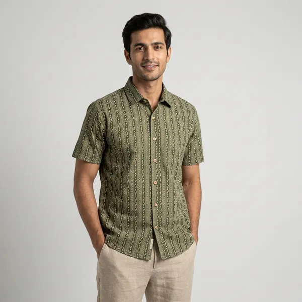 Olive_Green_Cotton_Ethnic_Print_Half_Sleeve_Shirt_For_Men
