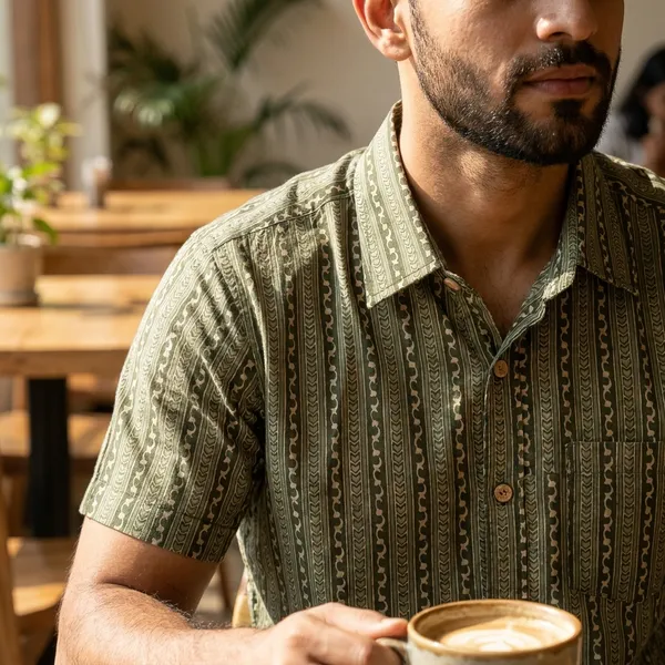 Olive_Green_Cotton_Ethnic_Print_Half_Sleeve_Shirt_For_Men