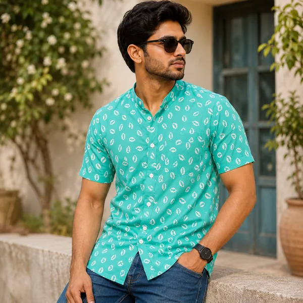 Green_Cotton_Regular_Fit_Leaf_Print_Half_Sleeve_Shirt_For_Men