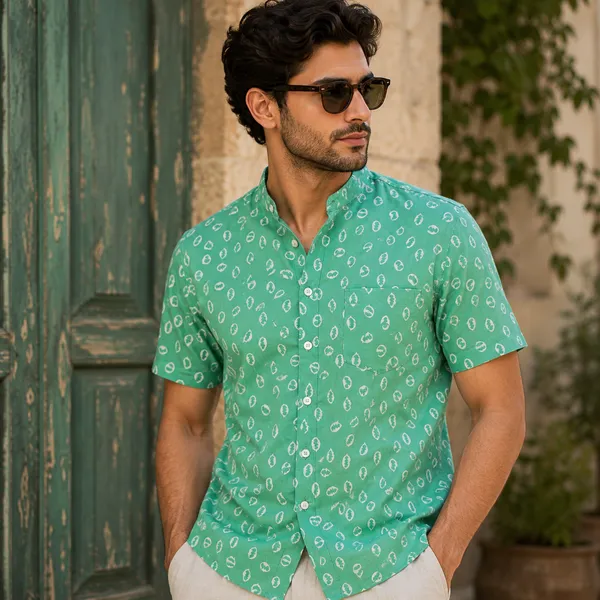 Green_Cotton_Regular_Fit_Leaf_Print_Half_Sleeve_Shirt_For_Men
