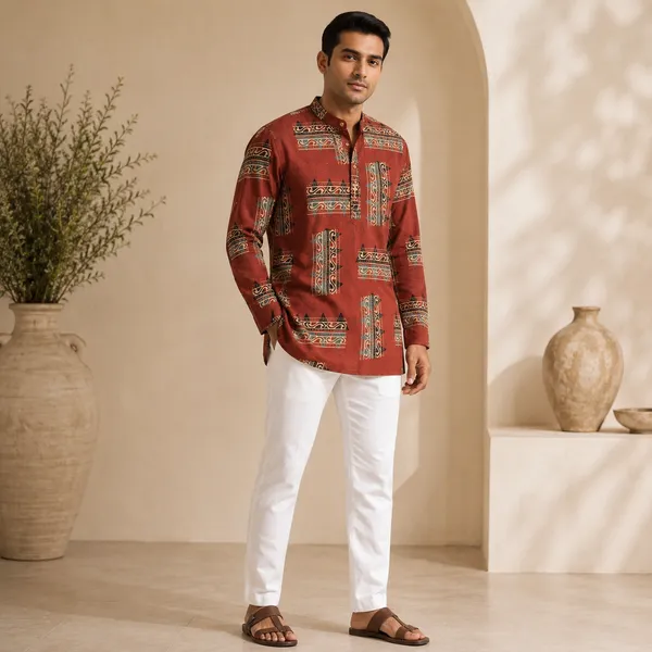 Rust_Red_Cotton_Regular_Fit_Printed_Short_Kurta_For_Men