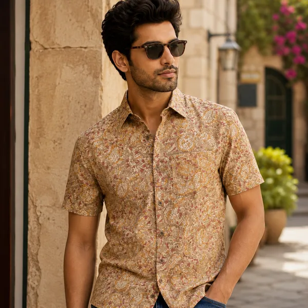 Beige_Cotton_Kalamkari_Print_Half_Sleeve_Shirt_For_Men