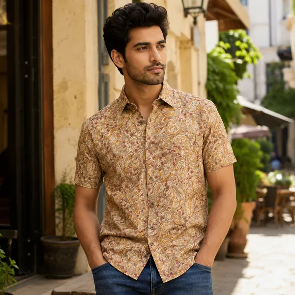Beige_Cotton_Kalamkari_Print_Half_Sleeve_Shirt_For_Men