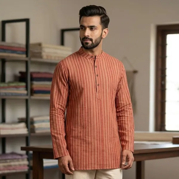 Pink_Cotton_Regular_Fit_Striped_Short_Kurta_For_Men