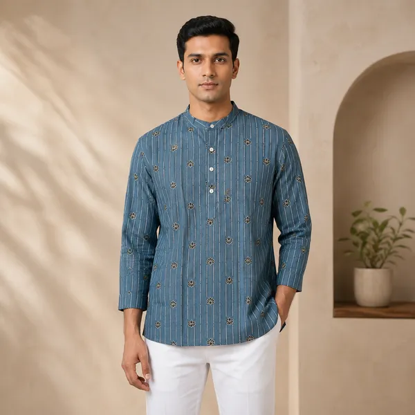 Blue_Cotton_Floral_Block_Print_Short_Kurta_For_Men