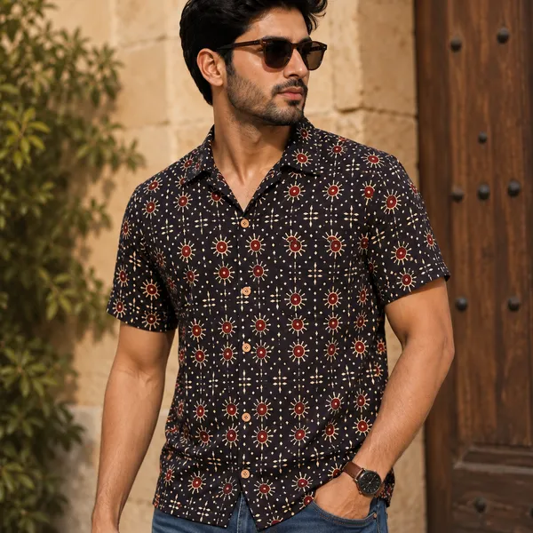 Brown_Cotton_Geometric_Sun_Motif_Print_Regular_Fit_Shirt_For_Men