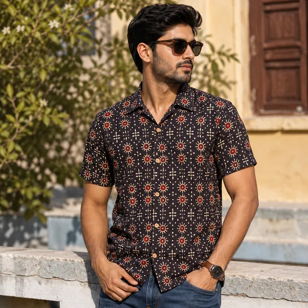 Brown_Cotton_Geometric_Sun_Motif_Print_Regular_Fit_Shirt_For_Men