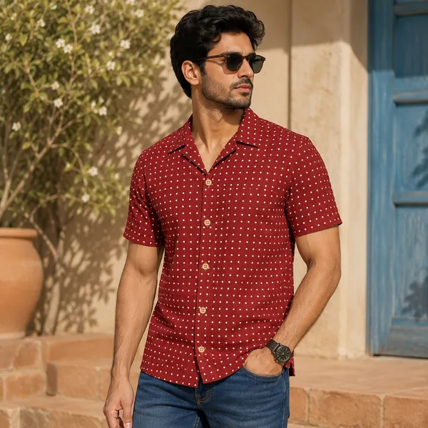 Red_Cotton_Polka_Dot_Print_Regular_Fit_Shirt_For_Men