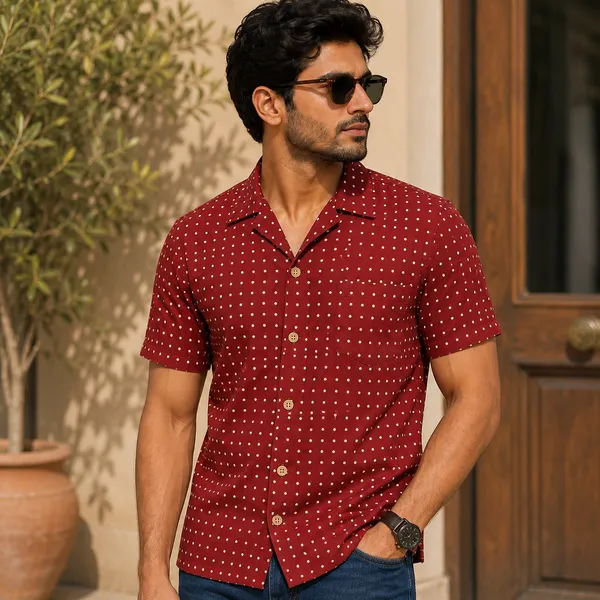 Red_Cotton_Polka_Dot_Print_Regular_Fit_Shirt_For_Men