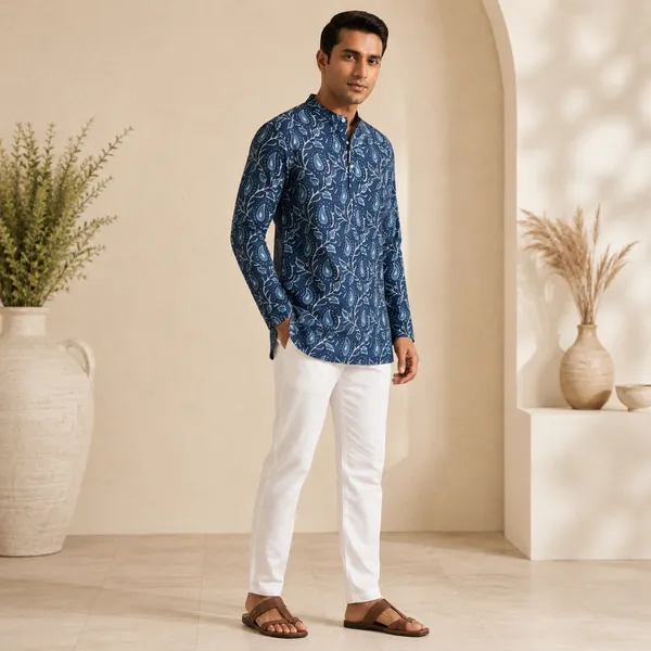 Navy_Blue_Cotton_Paisley_Print_Short_Kurta_For_Men