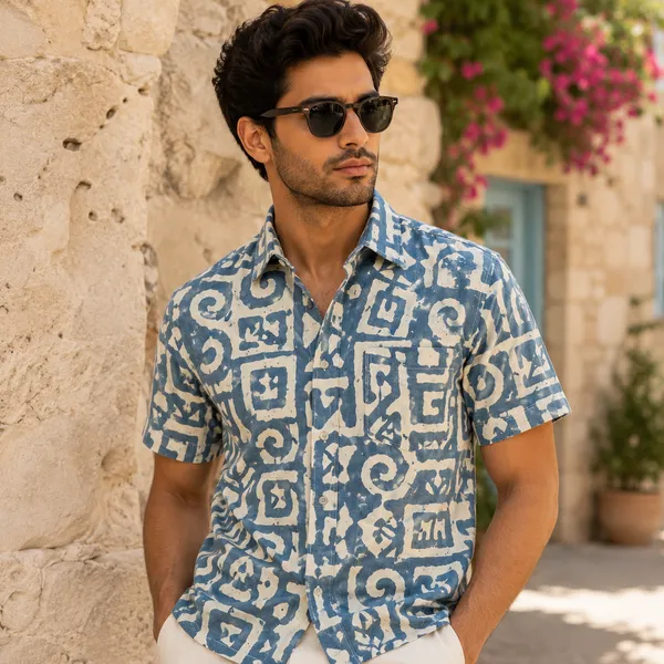 Blue_Cotton_Batik_Print_Half_Sleeve_Shirt_For_Men