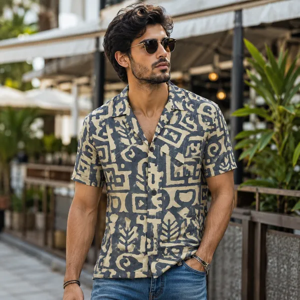 Blue_Cotton_Batik_Print_Half_Sleeve_Shirt_For_Men