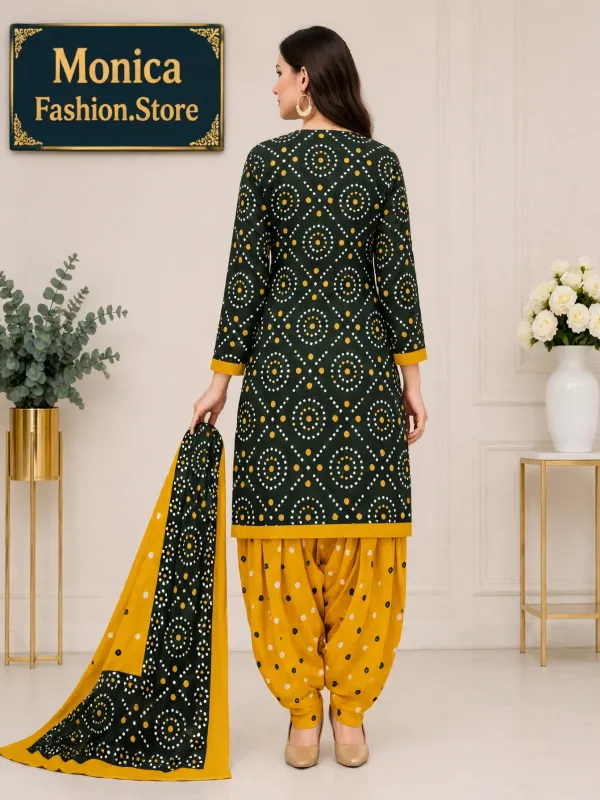 Stunning_Dark_Green_&_Mustard_Yellow_Bandhani_Printed_Ready-made_100_%_Cotton__Patiala_Suit_Set