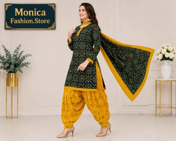 Stunning_Dark_Green_&_Mustard_Yellow_Bandhani_Printed_Ready-made_100_%_Cotton__Patiala_Suit_Set
