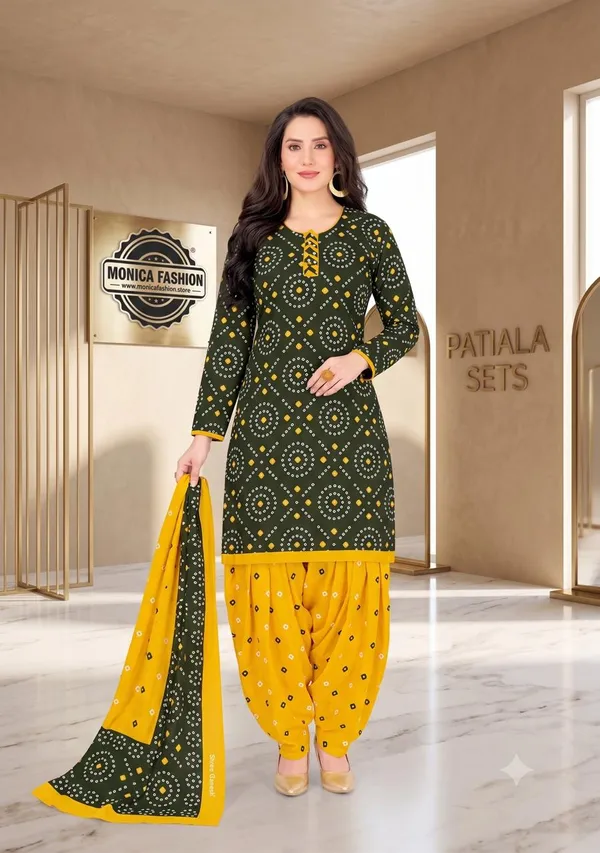 Stunning_Dark_Green_&_Mustard_Yellow_Bandhani_Printed_Ready-made_100_%_Cotton__Patiala_Suit_Set
