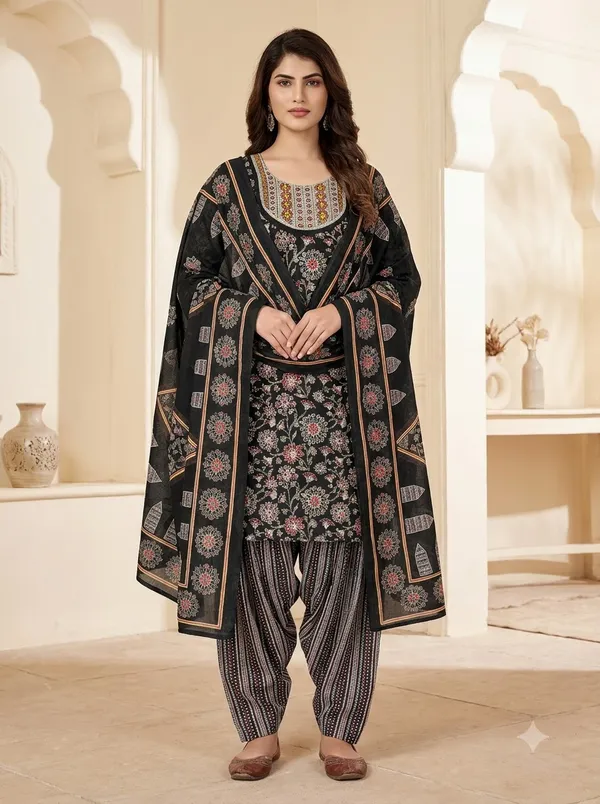 Black_Floral_Printed_Punjabi_Readymade_Suit_Set_with__Patiala_Pants_&_Dupatta