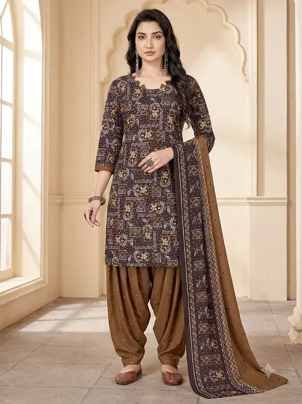 Brown_Floral_Printed_Patiala_Suit_with_Matching_Dupatta
