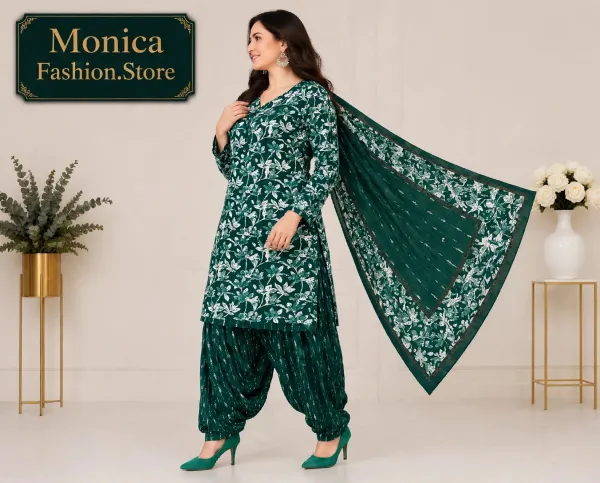 Stunning_Bottle_Green_&_White_Floral_Printed_Ready-made_100_%_Cotton__Patiala_Suit_Set