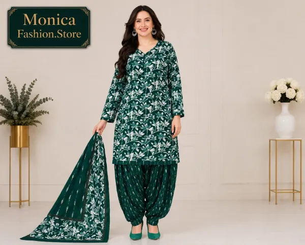 Stunning_Bottle_Green_&_White_Floral_Printed_Ready-made_100_%_Cotton__Patiala_Suit_Set