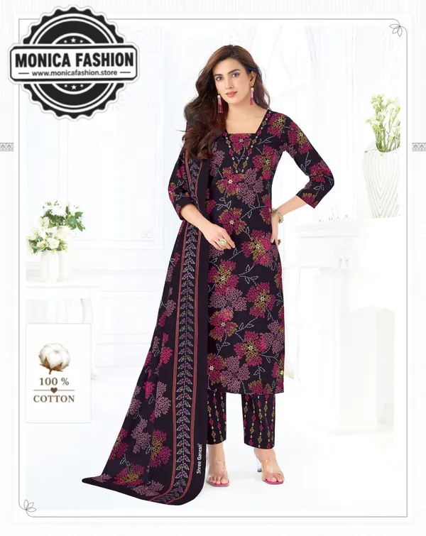 Multicolor_Floral_Printed_Cotton_Suit_Set**_Black_&_Magenta