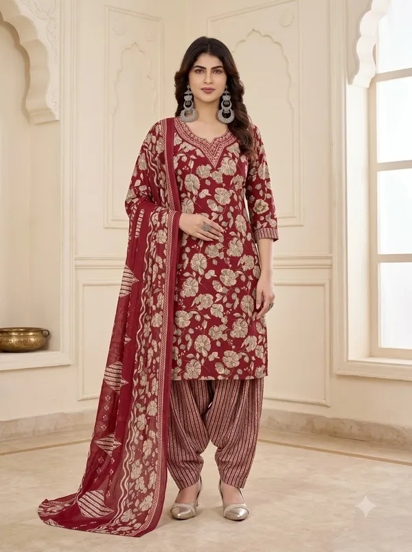 Maroon_Floral_Printed_Patiala_Suit