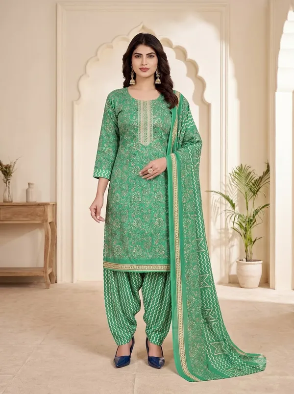 Mint_Green_Floral_Printed_Punjabi_Readymade_Suit_Set_with_Patiala_Pants_&_Dupatta