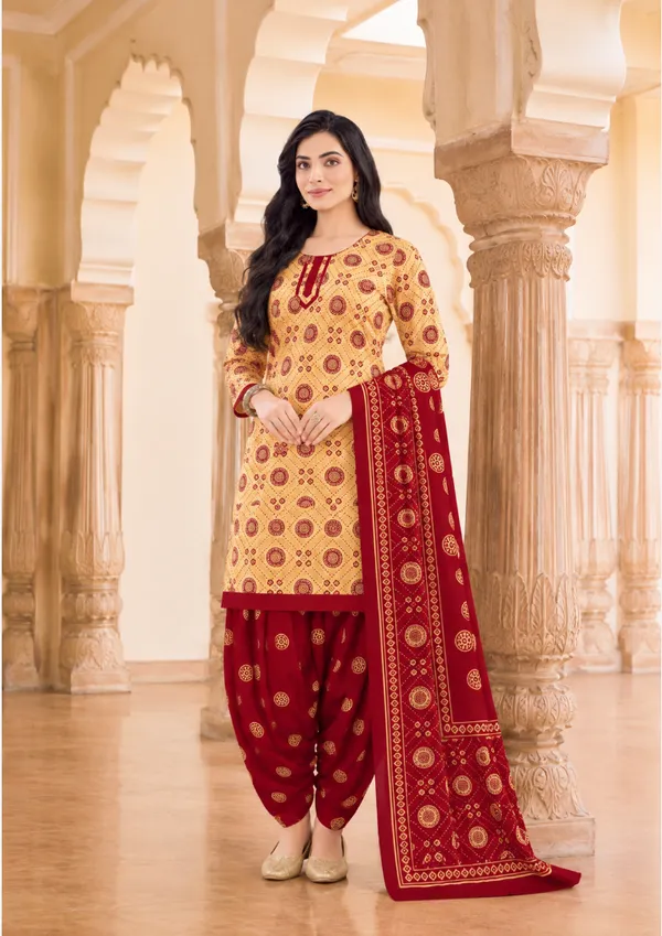 Mustard_Maroon_Bandhani_Printed_Patiala_100%_Cotton_Ready_Made_Suit_Se