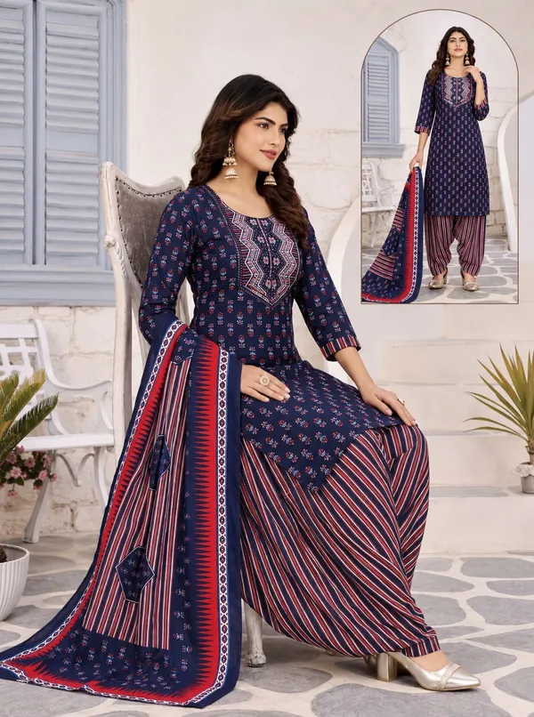 Navy_Blue_&_Maroon_Printed_Punjabi_Ready_made_Suit_Set_with_Patiala_Pants_&_Dupatta