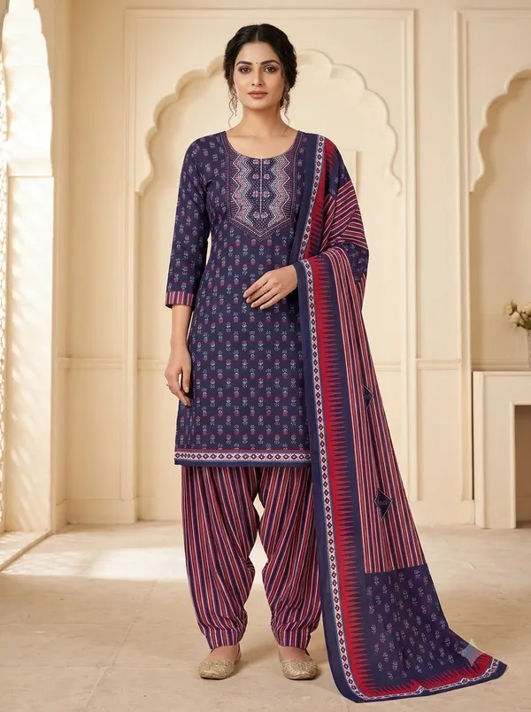 Navy_Blue_&_Maroon_Printed_Punjabi_Ready_made_Suit_Set_with_Patiala_Pants_&_Dupatta