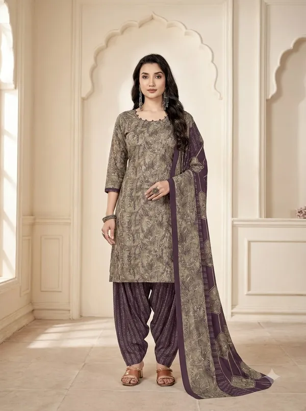 Olive_Grey_&_Plum_Floral_Printed_Punjabi_Suit_Set_with_Patiala_Pants_&_Dupatta