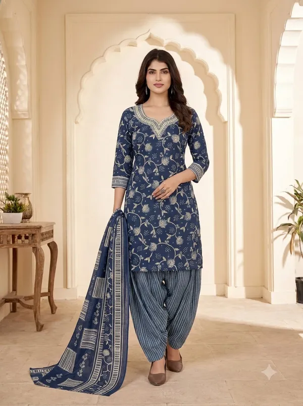 Royal_Blue_Floral_Printed_Punjabi_Readymade_Suit_Set_with_Patiala_Pants