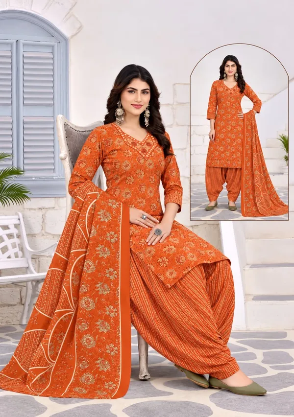 Rust_Orange_Floral_Printed_Punjabi_Readymade_Suit_Set_with_Patiala_Pants_&_Dupatta