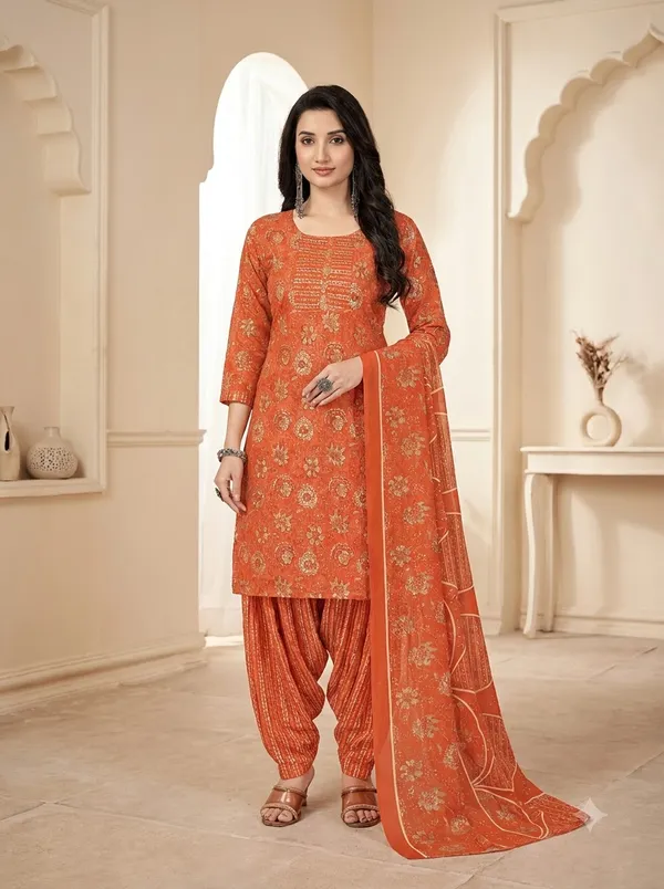 Rust_Orange_Floral_Printed_Punjabi_Suit_Set_with_Patiala_Pants_&_Dupatta