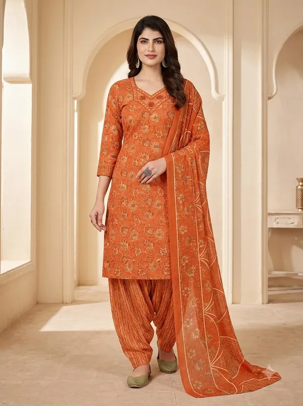 Rust_Orange_Floral_Printed_Punjabi_Readymade_Suit_Set_with_Patiala_Pants_&_Dupatta