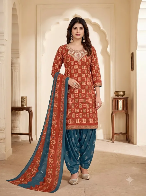 Rust_Red_&_Teal_Printed_Punjabi_Suit_Set_with_Patiala_Pants_&_Dupatta