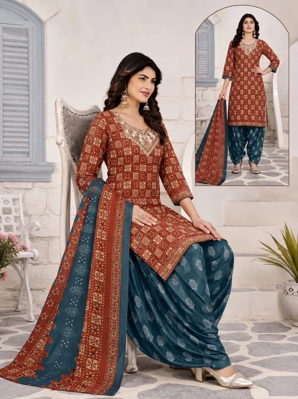 Rust_Red_&_Teal_Printed_Punjabi_Suit_Set_with_Patiala_Pants_&_Dupatta