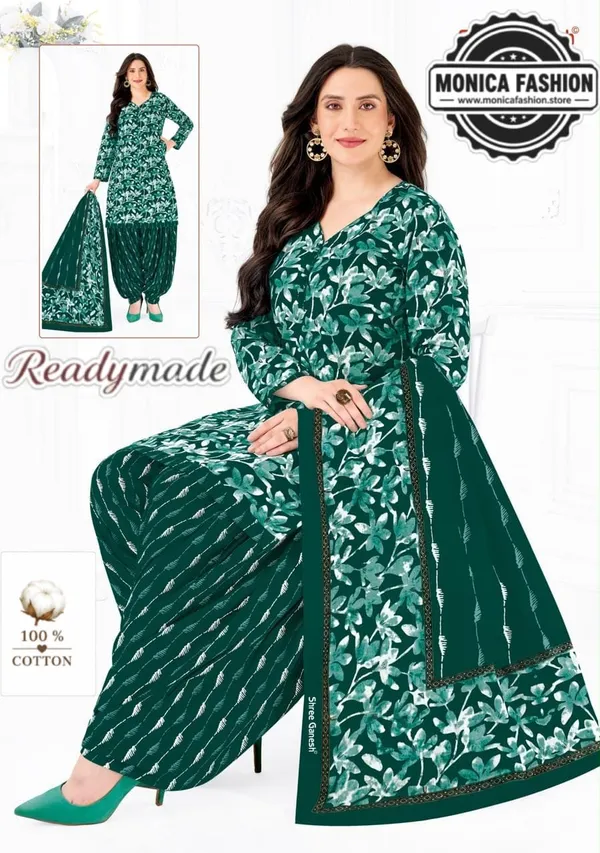 Stunning_Bottle_Green_&_White_Floral_Printed_Ready-made_100_%_Cotton__Patiala_Suit_Set