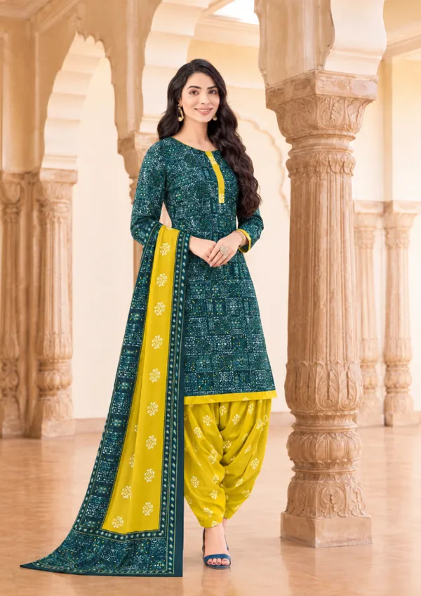 Teal_&_Mustard_Bandhani_Patiala_100%_cotton_ready_made_Suit_Set