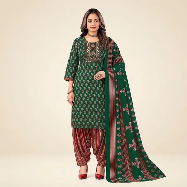 Green_And_Brown__Cotton_And_Polyester_Premium__Readymade_Patiala_Suit_Set_For_Women