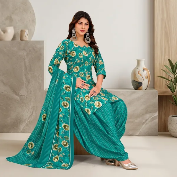 Teal__Cotton_And_Polyester_Premium__Readymade_Patiala_Suit_Set_For_Women