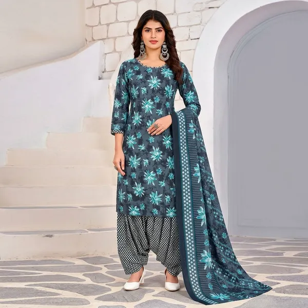 Teal__Cotton_And_Polyester_Readymade_Premium__Patiala_Suit_Set_For_Women