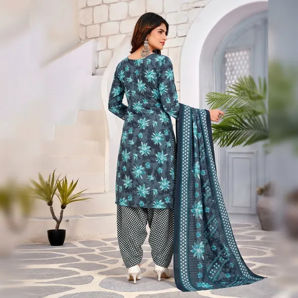Teal__Cotton_And_Polyester_Readymade_Premium__Patiala_Suit_Set_For_Women