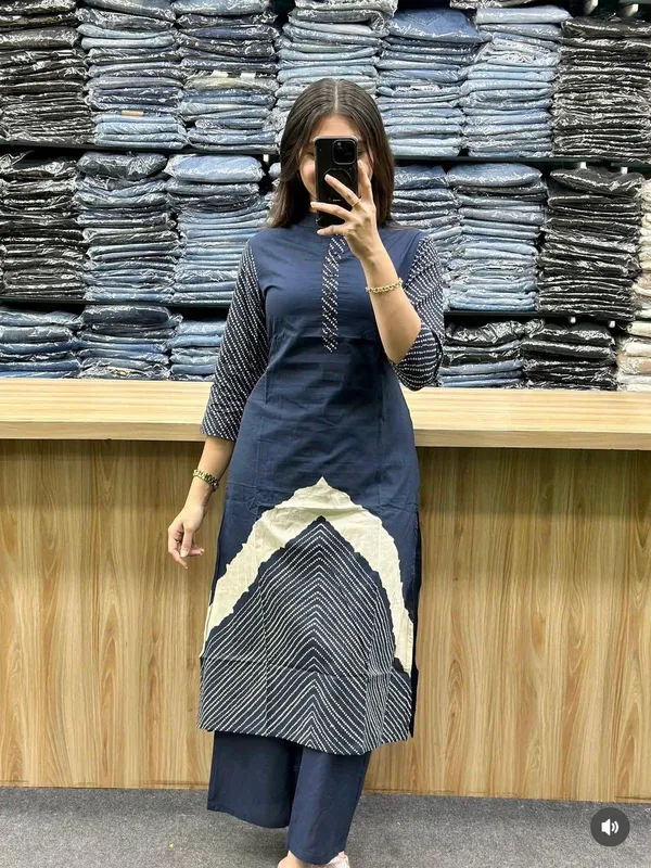 Navy_Blue_Geometric_Print_Cotton_Kurta_Set_For_Women